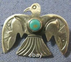 Navajo Coin Silver Thunderbird Pin Native American Old Pawn Turquoise Brooch