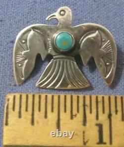 Navajo Coin Silver Thunderbird Pin Native American Old Pawn Turquoise Brooch