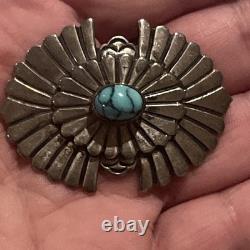 Navajo Concho Pin Hand Stamped & Filed Sterling Silver. 925 Natural Turquoise