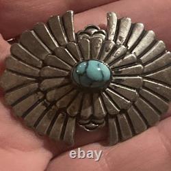 Navajo Concho Pin Hand Stamped & Filed Sterling Silver. 925 Natural Turquoise