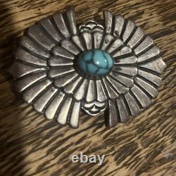 Navajo Concho Pin Hand Stamped & Filed Sterling Silver. 925 Natural Turquoise