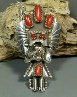 Navajo Coral Yei Kachina Pendant Pin Sterling Silver chain Doris Smallcanyon