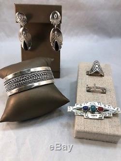 Navajo Cuff Bracelet by Tom Hawk With 2 Sterling Rings, Earrings And A Pin A5