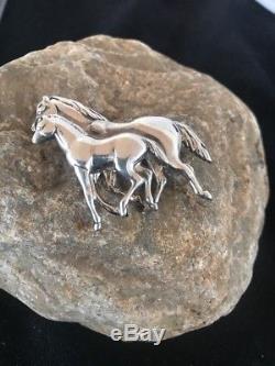 Navajo Designed Sterling Silver Horse Pin 1.75 Rare Mother Foal