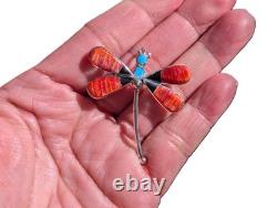 Navajo Dragonfly Brooch Pin Inlay Spiny Oyster Turquoise Handmade NA Jewelry
