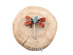 Navajo Dragonfly Brooch Pin Inlay Spiny Oyster Turquoise Handmade NA Jewelry