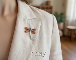 Navajo Dragonfly Brooch Pin Inlay Spiny Oyster Turquoise Handmade NA Jewelry