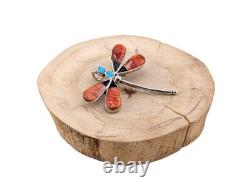 Navajo Dragonfly Brooch Pin Inlay Spiny Oyster Turquoise Handmade NA Jewelry