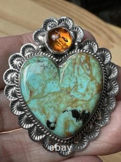 Navajo EM Linkin Brooch Pendant 1.75 Inch Turquoise Amber 925 Sterling 14.8g