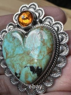 Navajo EM Linkin Brooch Pendant 1.75 Inch Turquoise Amber 925 Sterling 14.8g