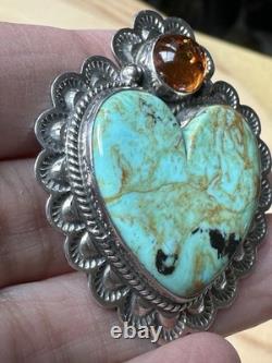 Navajo EM Linkin Brooch Pendant 1.75 Inch Turquoise Amber 925 Sterling 14.8g