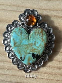 Navajo EM Linkin Brooch Pendant 1.75 Inch Turquoise Amber 925 Sterling 14.8g