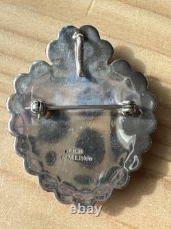 Navajo EM Linkin Brooch Pendant 1.75 Inch Turquoise Amber 925 Sterling 14.8g