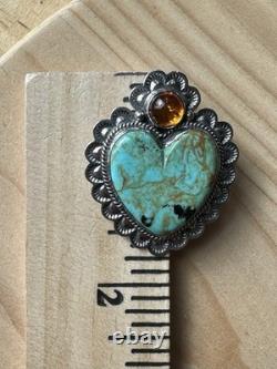 Navajo EM Linkin Brooch Pendant 1.75 Inch Turquoise Amber 925 Sterling 14.8g
