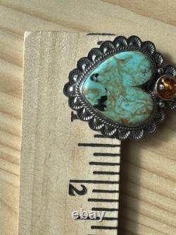 Navajo EM Linkin Brooch Pendant 1.75 Inch Turquoise Amber 925 Sterling 14.8g