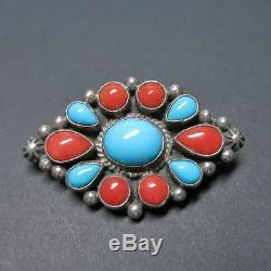 Navajo Geneva Apachito Sterling Silver Turquoise Coral Cluster Brooch Pin Signed