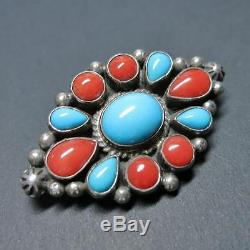 Navajo Geneva Apachito Sterling Silver Turquoise Coral Cluster Brooch Pin Signed