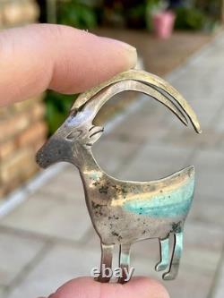 Navajo Goat Big Horn Sheep Sterling Silver Brooch Pin Signed Nora Nelson