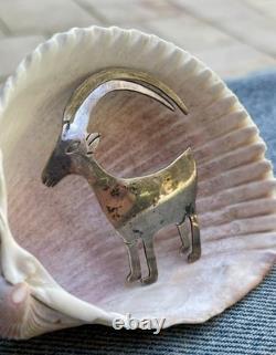 Navajo Goat Big Horn Sheep Sterling Silver Brooch Pin Signed Nora Nelson
