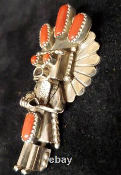 Navajo Handmade sterling Silver Coral Kachina Pendant/pin Doris Smallcanyon