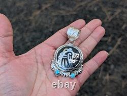 Navajo Heartline Bear Medallion Pendant with Turquoise Stones Handcrafted Jewelry
