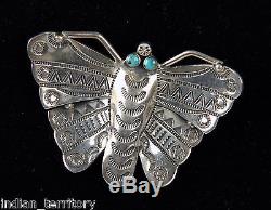 Navajo Indian Silver Butterfly Pin with Turquoise Eyes