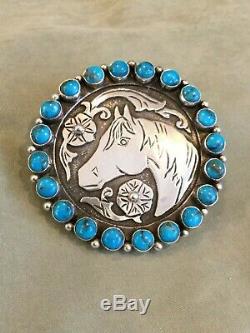 Navajo Lee Charley Sterling And Turquoise Horse Head Pendant/pin