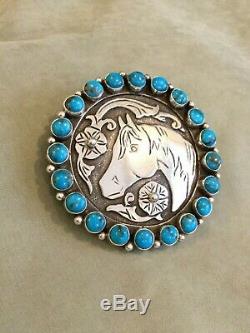 Navajo Lee Charley Sterling And Turquoise Horse Head Pendant/pin