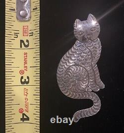 Navajo Leon Stewart Hand Stamped Cat Pin Sterling Silver