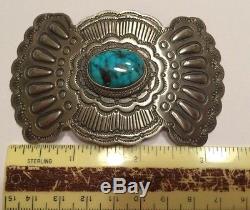 Navajo Morenci Turquoise Sterling Silver Large Brooch Pin Wallace Yazzie Jr RARE