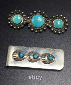 Navajo Native American Collection Sterling Turquoise Pins Money Clip & Barrette