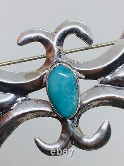 Navajo Native American Sterling Silver Blue Turquoise Sandcast Pin