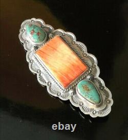 Navajo Native American Turquoise & Spiny Oyster Shell Brooch Signed Gary Reeves