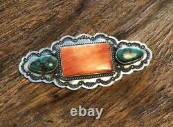 Navajo Native American Turquoise & Spiny Oyster Shell Brooch Signed Gary Reeves