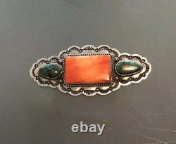 Navajo Native American Turquoise & Spiny Oyster Shell Brooch Signed Gary Reeves