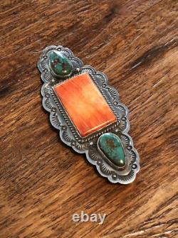 Navajo Native American Turquoise & Spiny Oyster Shell Brooch Signed Gary Reeves