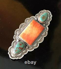 Navajo Native American Turquoise & Spiny Oyster Shell Brooch Signed Gary Reeves