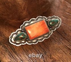 Navajo Native American Turquoise & Spiny Oyster Shell Brooch Signed Gary Reeves