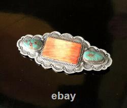 Navajo Native American Turquoise & Spiny Oyster Shell Brooch Signed Gary Reeves