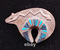 Navajo Necklace Bear Pendant and Brooch / Pin Sterling Silver Inlay 2 x 1.5