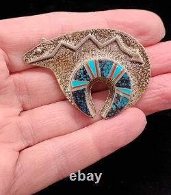 Navajo Necklace Bear Pendant and Brooch / Pin Sterling Silver Inlay 2 x 1.5