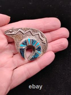 Navajo Necklace Bear Pendant and Brooch / Pin Sterling Silver Inlay 2 x 1.5