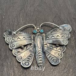 Navajo Older Big Sterling Silver Brooch Stamped Butterfly Turquoise Vintage Dt