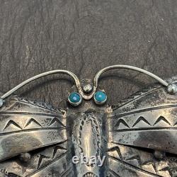 Navajo Older Big Sterling Silver Brooch Stamped Butterfly Turquoise Vintage Dt
