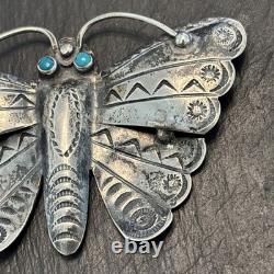 Navajo Older Big Sterling Silver Brooch Stamped Butterfly Turquoise Vintage Dt