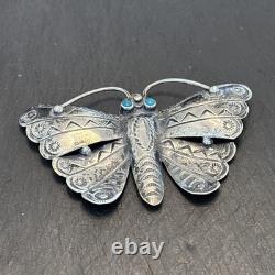 Navajo Older Big Sterling Silver Brooch Stamped Butterfly Turquoise Vintage Dt
