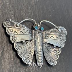 Navajo Older Big Sterling Silver Brooch Stamped Butterfly Turquoise Vintage Dt