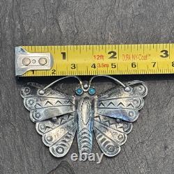 Navajo Older Big Sterling Silver Brooch Stamped Butterfly Turquoise Vintage Dt
