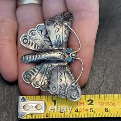 Navajo Older Big Sterling Silver Brooch Stamped Butterfly Turquoise Vintage Dt