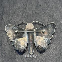 Navajo Older Big Sterling Silver Brooch Stamped Butterfly Turquoise Vintage Dt